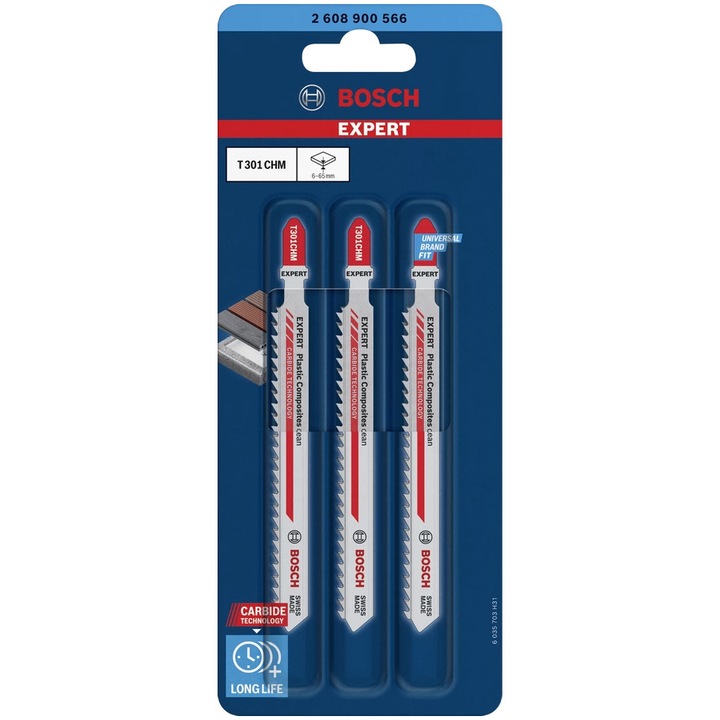 Set de 3 panze de fierastrau vertical Bosch Expert Plastic Composites clean T301CHM 2608900566, 3.3 mm spatiere dinti, 117 mm lungime