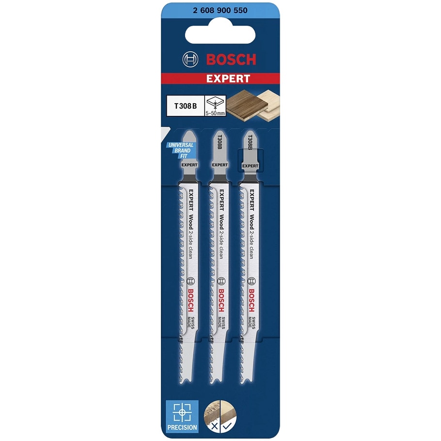 Set de 3 panze de fierastrau vertical Bosch Expert Wood 2-side clean T 308 B 2608900550, 2.2 mm spatiere dinti, 117 mm lungime