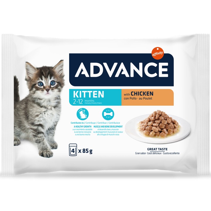 Hrana umeda pentru pisici Advance, Kitten Pui, Multipack, 4 x 85 g