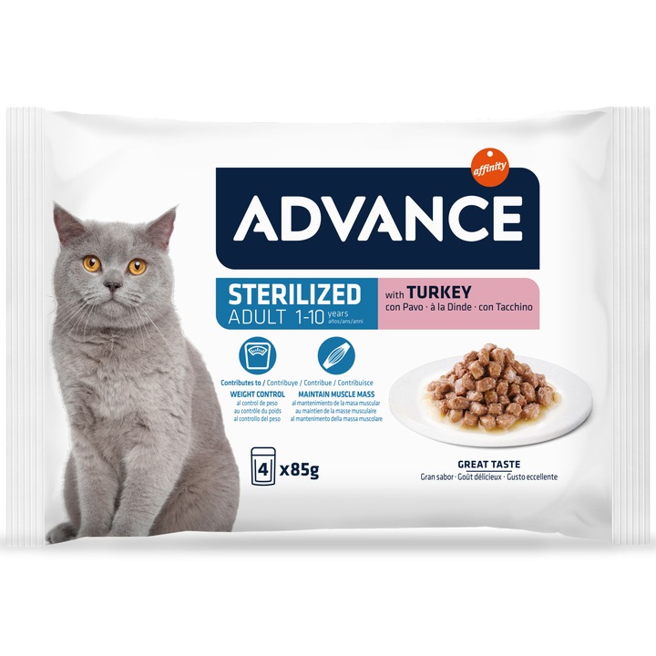 Hrana umeda pentru pisici Advance, Sterilized Curcan, Multipack, 4 x 85 g