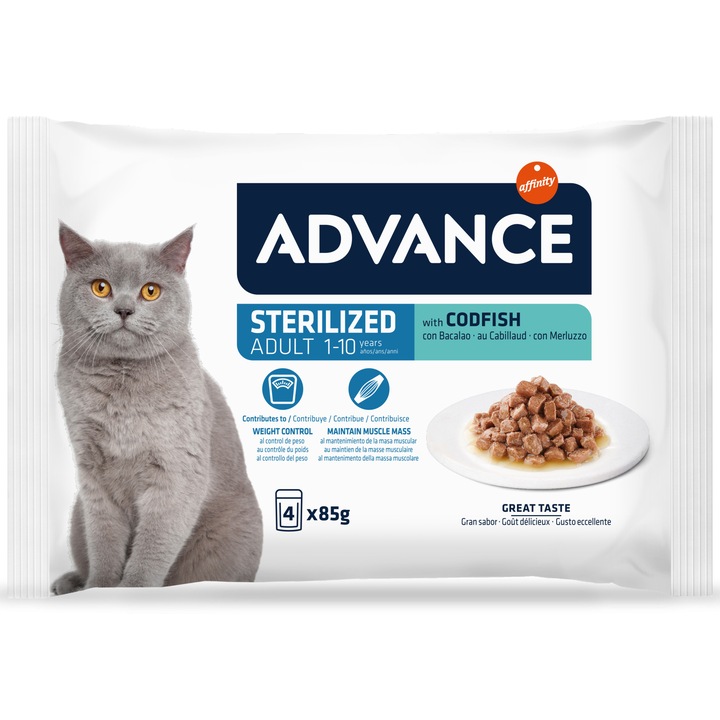 Hrana umeda pentru pisici Advance, Sterilized, Cod, Multipack, 4 x 85 g
