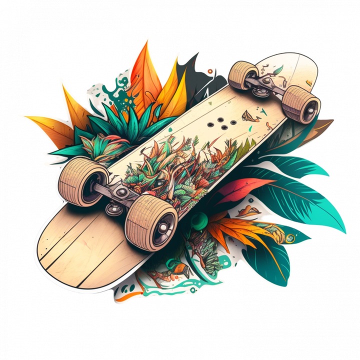 Set 5 bucati, Sticker decorativ, Skateboard cu flori, Rezistent la apa, NO9466, 6 cm, Multicolor