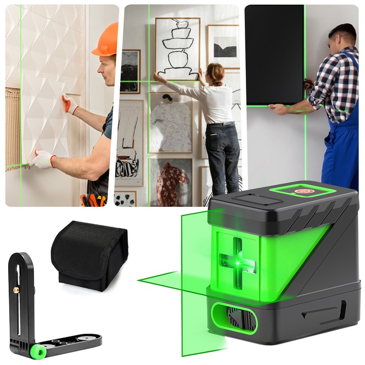 Nivela laser verde, Xinxu, fascicol laser cruce, ± 0.2 mm precizie, ± 4° domeniu de autonivelare, 3 moduri de scanare, 20m, Portabil, Rezistenta la apa, 78x79x55mm, Negru/Verde