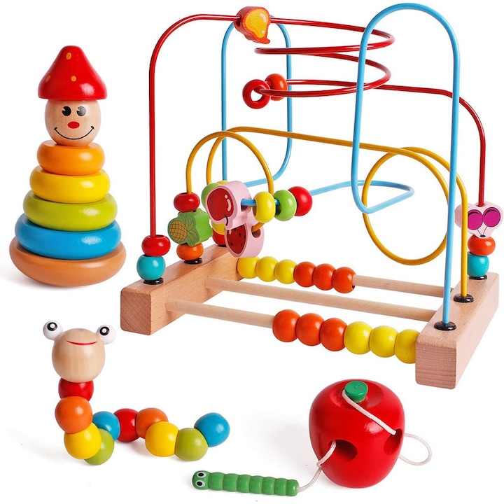 Montessori játékkészlet, fa, 4 az 1-ben, +18 hónap, többszínű