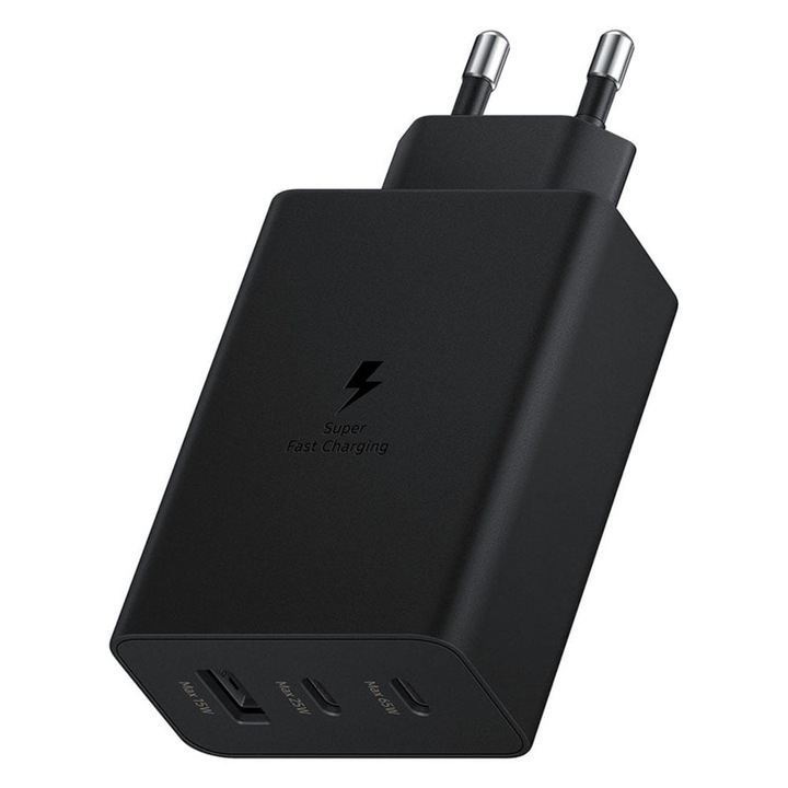 Incarcator Super Fast Charge, 65W, 3 porturi, USB Type-C, compatibil cu Samsung, Huawei, iPhone, MacBook, Tableta si Laptop Cadou 1 cablu USB -C, Negru