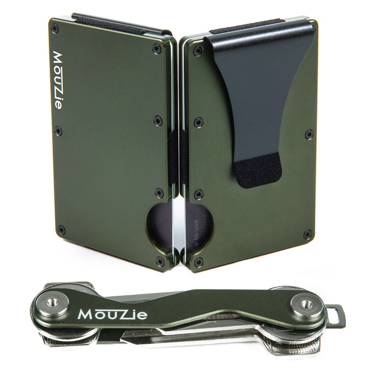 Portofel Mouzie Premium din Aluminiu pentru Barbati, cu Clip Metalic pentru Bancnote, Protectie RFID Avansata, Organizator de Chei, Elastic Optional si Kit Surubelnita cu Suruburi de Rezerva, Design Slim si Elegant, Hunter's Green