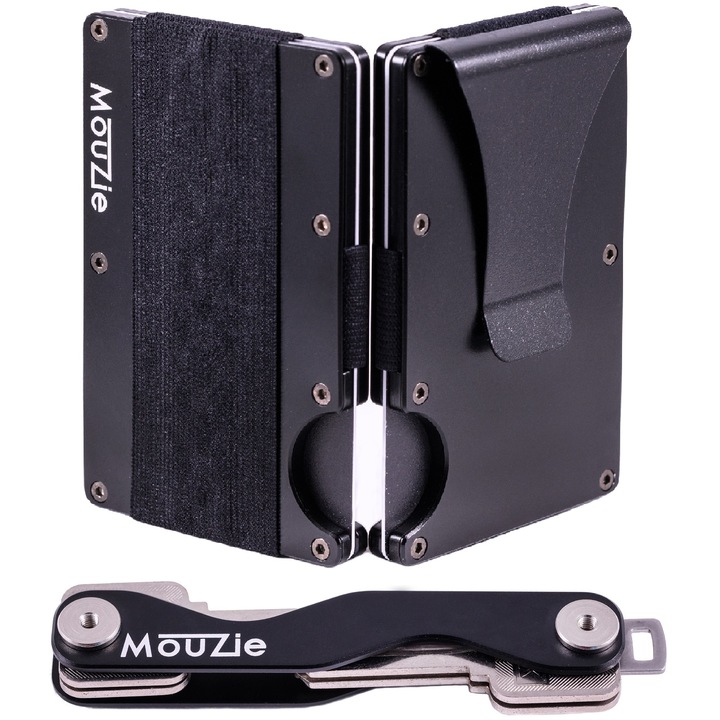 Алуминиев портфейл Mouzie Premium за мъже, с метална щипка за банкноти, усъвършенствана RFID защита, органайзер за ключове, допълнителен ластик и комплект отвертки с резервни винтове, тънък и елегантен дизайн, черен