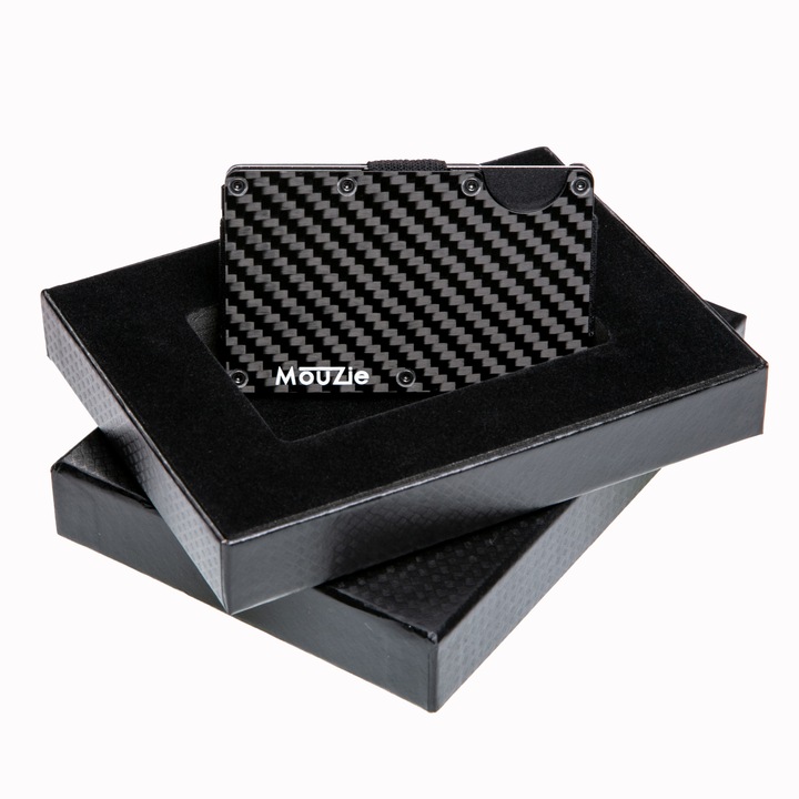 Алуминиев портфейл Mouzie Premium за мъже, с метална щипка за банкноти, усъвършенствана RFID защита, тънък и елегантен дизайн, въглеродни влакна