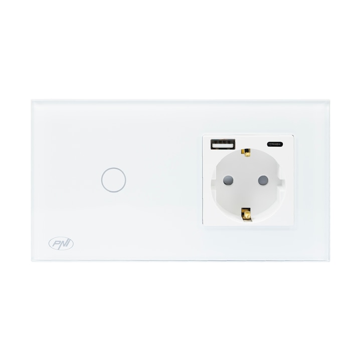 Egyszerű kapcsoló érintéssel és schuko aljzattal PNI SH115W, üvegből, fehér, USB-A és USB-C aljzattal