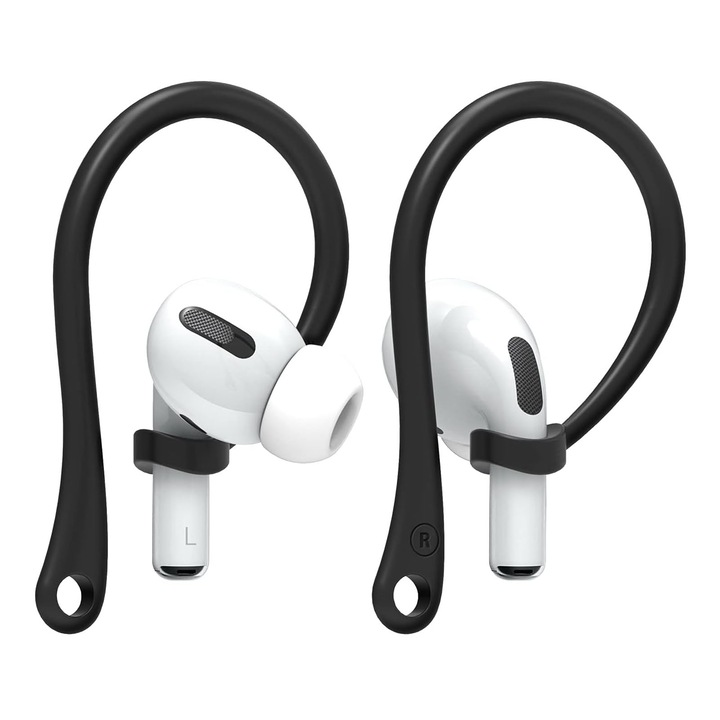 Set carlige sustinere compatibil AirPods 3, NUODWELL, Ear-hook, Anti-alunecare, Anti-pierdere, Fixare precisa in ureche, Suport sustinere, Tip carlig, Pentru ciclism, gimnastica, dans, alergare, Silicon, Negru