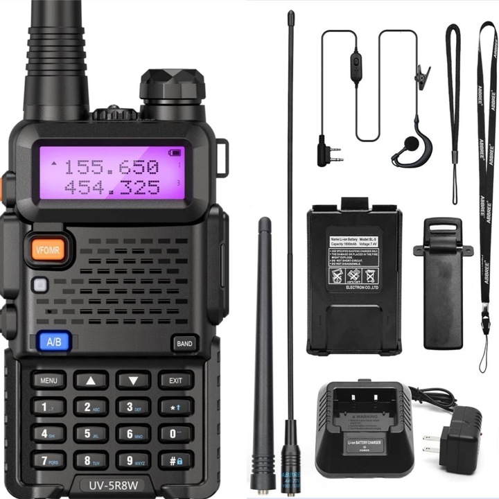 Преносима радиостанция, MOSMAOO®, UV-5R8W, акумулаторна батерия 1800 MAH, AR-771 антена, слушалка с микрофон, черна
