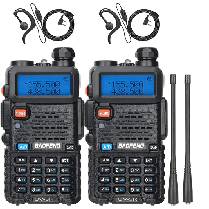2x hordozható rádióállomás készlet, walkie talkie, MOSMAOO®, UV-5R5W, újratölthető akkumulátor 1800 MAH, fejhallgató mikrofonnal, fekete