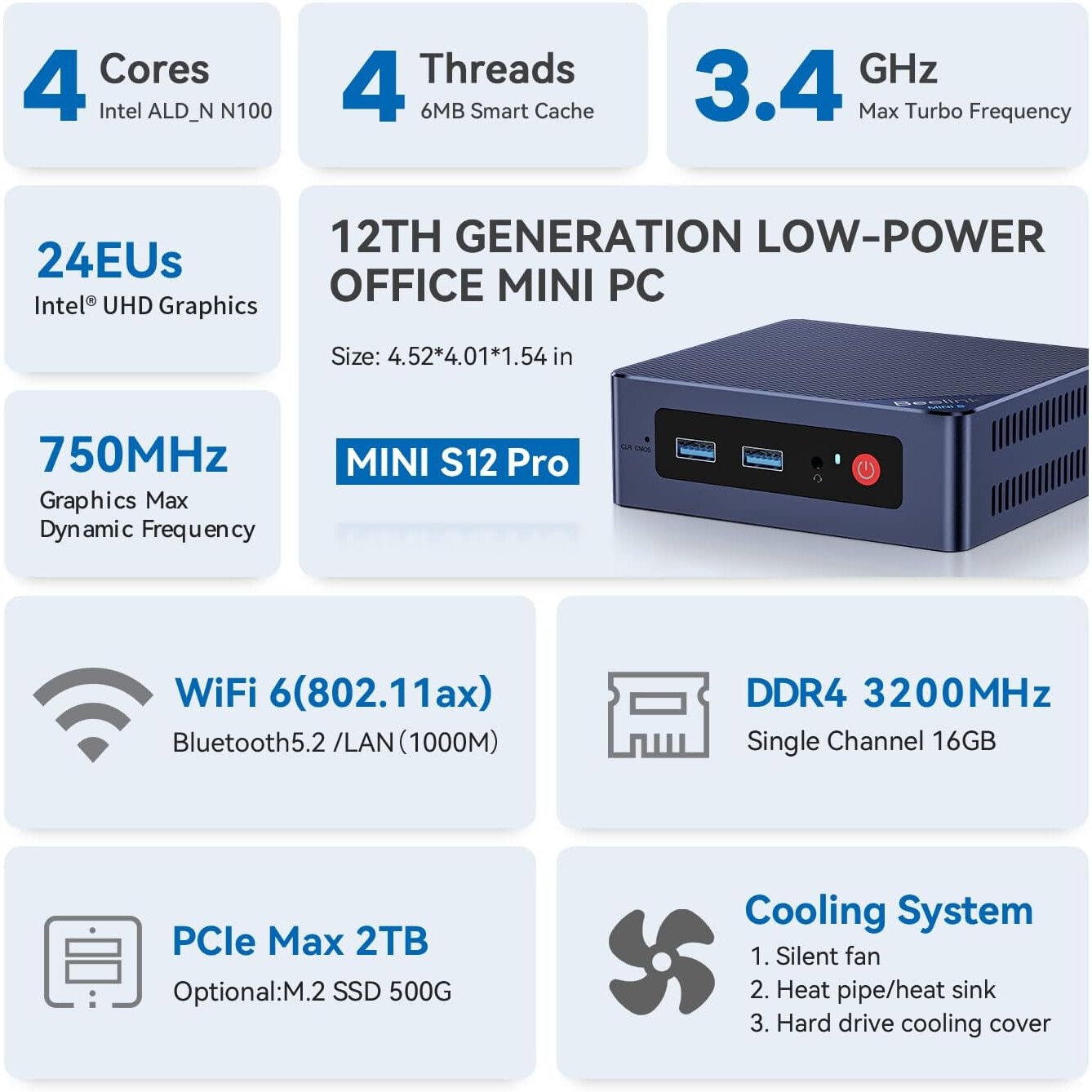 Mini PC Beelink Mini S12 PRO, Procesor Intel N100 12th up 3.4 GHz