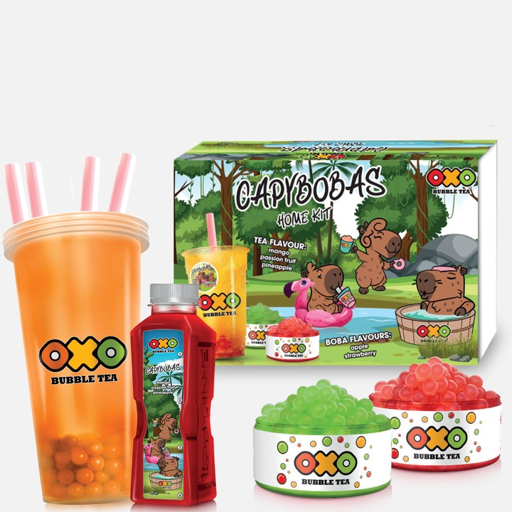Tea, Bubble Tea Oxo, Capy Bobas, otthoni készlet, 4 adag otthonra, gyöngy és szirup mangóval, maracuja, ananász, alma és eper ízesítéssel