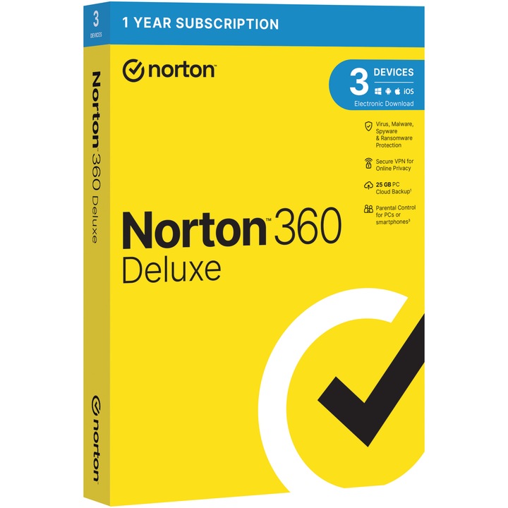 Антивирусна програма Norton 360 Deluxe, Backup 25GB, 1 година, 3 устройства, 1 потребител