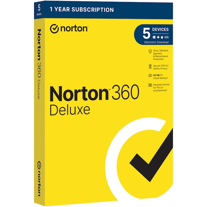 Antivirus Norton 360 Deluxe, Backup 50GB, 1 An, 5 Dispozitive, 1 Utilizator