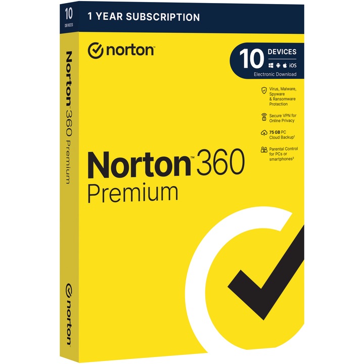 Антивирусна програма Norton 360 Premium, Backup 75GB, 1 година, 10 устройства, 1 потребител