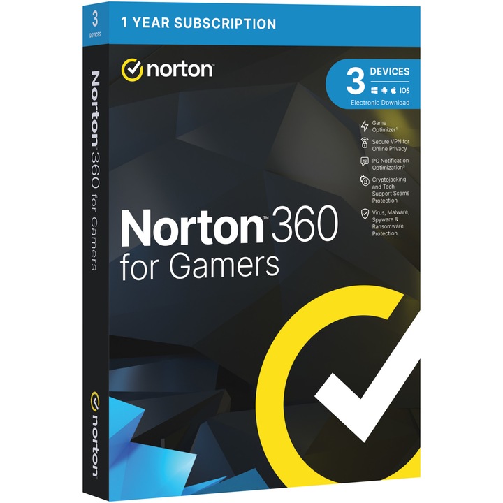 Антивирусна програма Norton 360 Gamers, Backup 50GB, 1 година, 3 устройства, 1 потребител