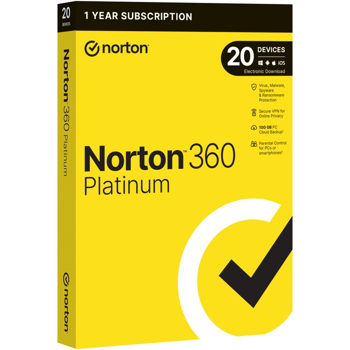 Антивирусна програма Norton 360 Platinum, Backup 100GB, 1 година, 20 устройства, 1 потребител
