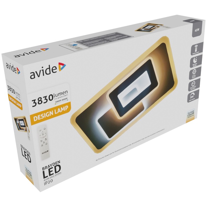 Plafoniera, Avide, Plastic, Design Brayden cu telecomanda RF, 45 W, Lumina alba rece/calda, Alb/Negru