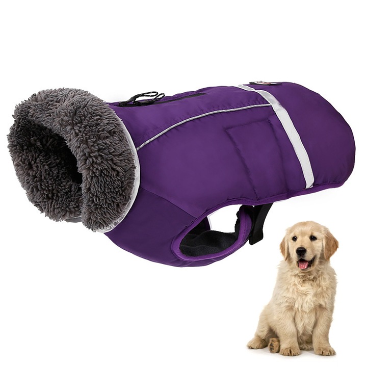 Haina de iarna pentru caini, impermeabila, captusita, reflectorizanta, mov 45x70x33x11cm