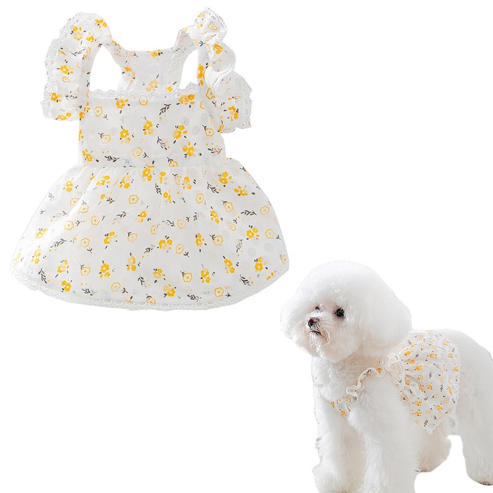 Rochita pentru caini, florala, bumbac, alb, marime M