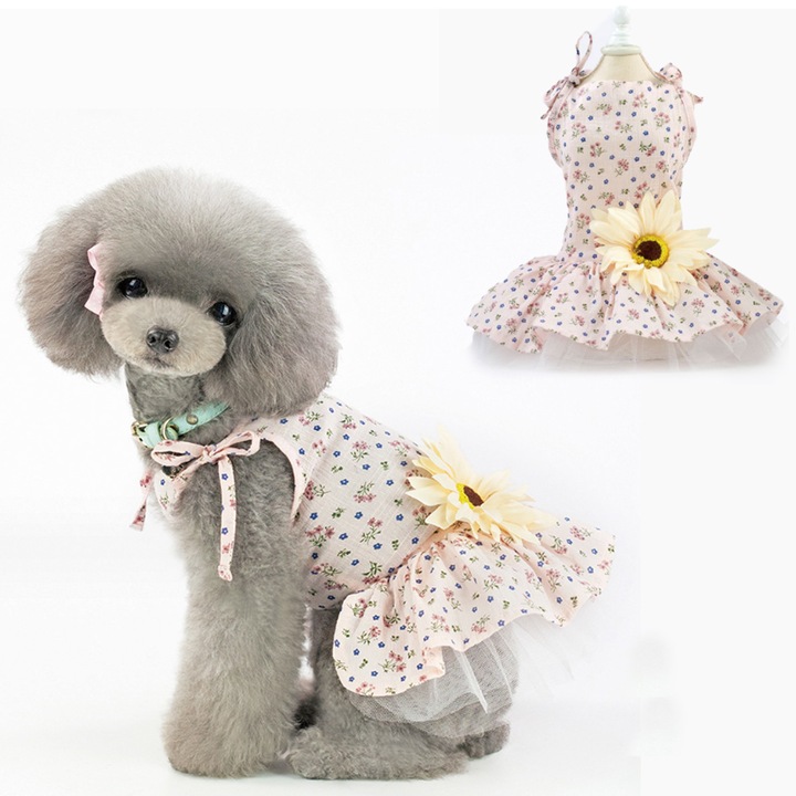 Fusta pentru caini mici, AMRINUGL, cu flori de margareta, bumbac si dantela, galben, marimea S