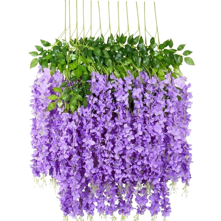 Set 12 plante artificiale, Edibazzar, Glicina, 110x20 cm, Violet/Verde