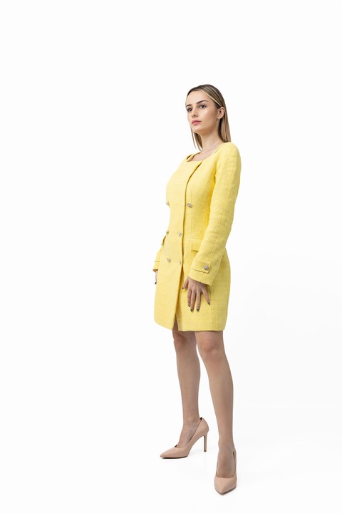 Елегантна рокля, Silvy Rowson, Памучно букле, С дълги ръкави, Жълт, XL