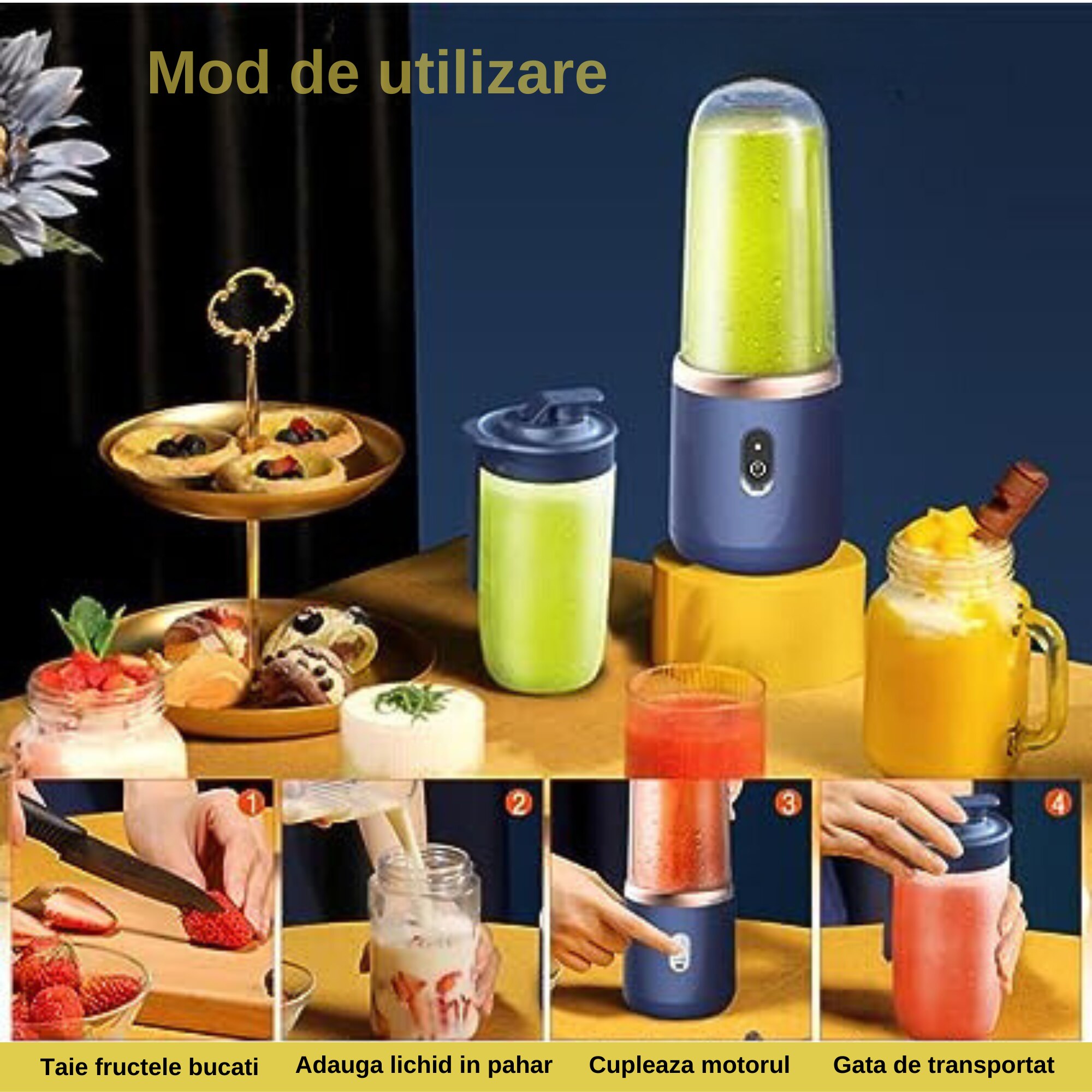 Mini Blender Portabil, Electric, Incarcare USB, 6 Lame Din Inox 3D
