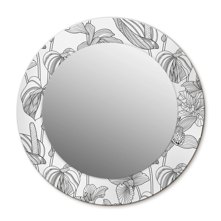 Fali tükör, Wallfluent, Virágmintás, Kerek, Fehér, Ø50 cm, 010090550080300013162