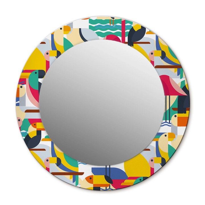 Fali tükör, Wallfluent, Geometrikus trópusi madarak, Kerek, Többszínű, Ø50 cm, 010090550080300072566