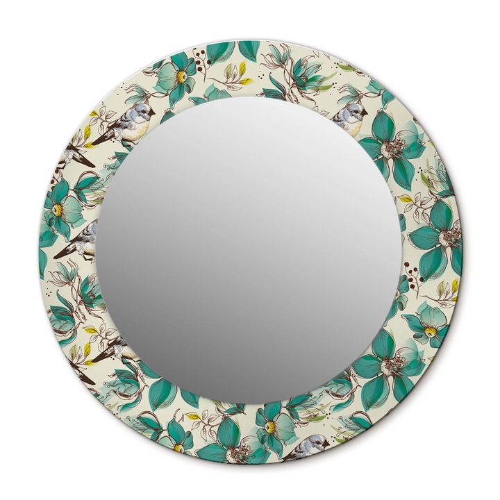 Fali tükör, Wallfluent, Virágok és madarak, Kerek, Türkiz, Ø50 cm, 010090550080300031217