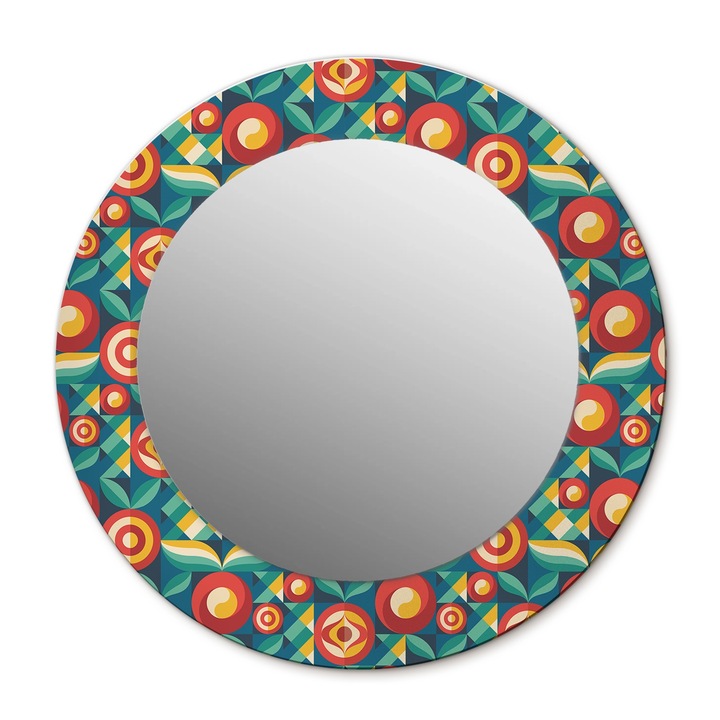 Fali tükör, Wallfluent, Geometrikus gyümölcsök és levelek, Kerek, Többszínű, Ø50 cm, 010090550080300072629