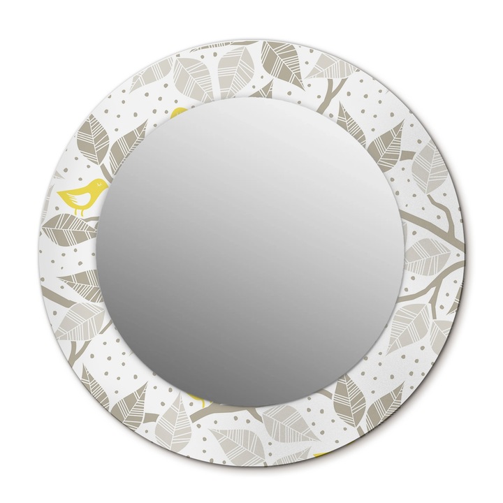 Fali tükör, Wallfluent, Madarak ágakon, Kerek, Fehér, Ø50 cm, 010090550080300030007