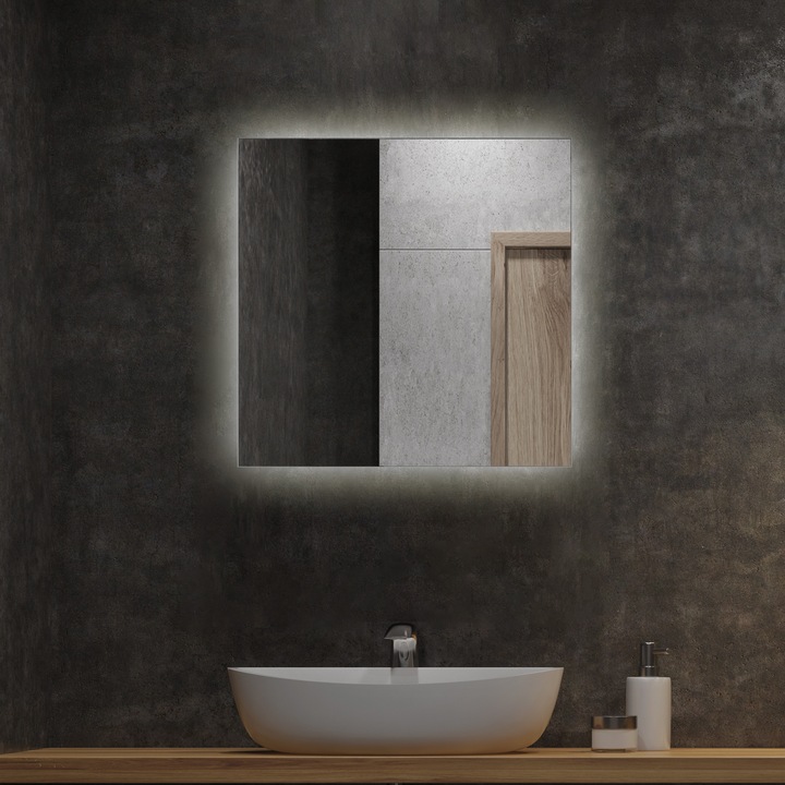 Téglalap alakú tükör, LED, Wallfluent, Keret nélküli, (Meleg 3000K), 50 x 50 cm, 010390550010100000000