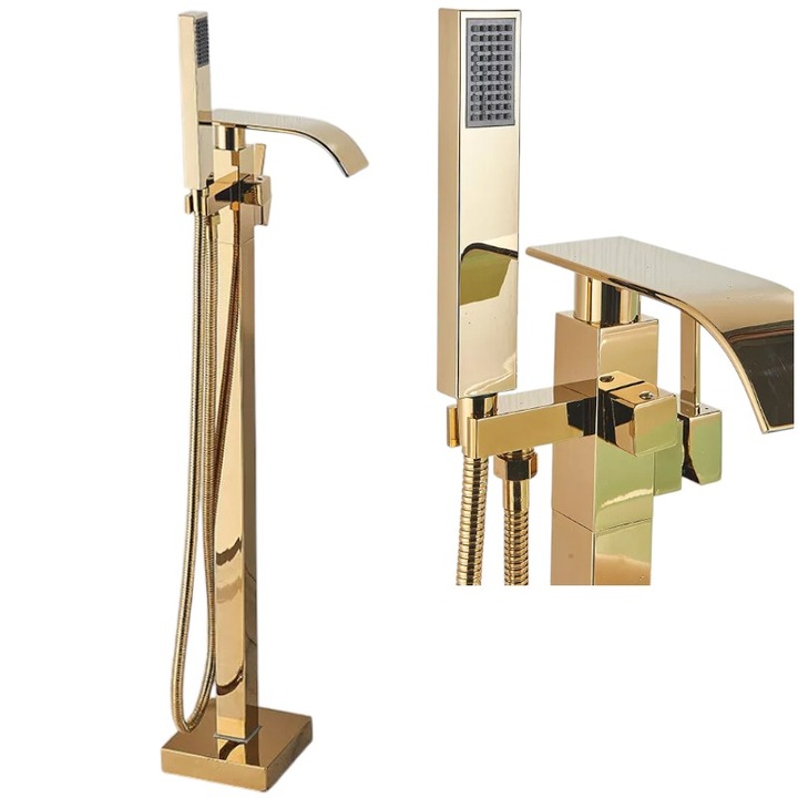 Baterie Baie pentru Cada BisDesign®, Montaj Podea, Tip Freestanding, Cadru Patrat, Finisaj Auriu Lucios, Pipa Cascada Lata, Dimensiune 98 cm