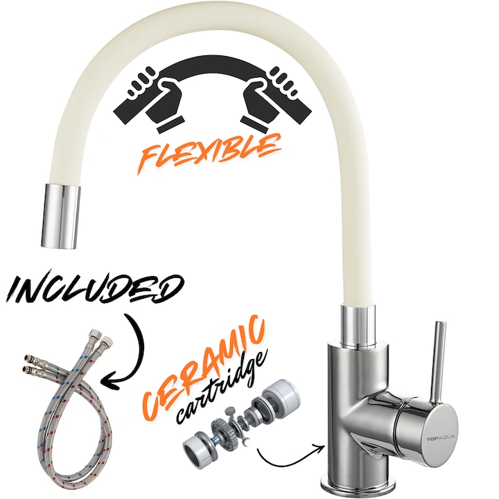 Baterie Chiuveta Bucatarie Flexibila Topaqua® Flexy, Inox, Pipa Inalta, Cartus Ceramic, Monocomanda, Racorduri Incluse, Acoperita Silicon, Rotativa, Crem
