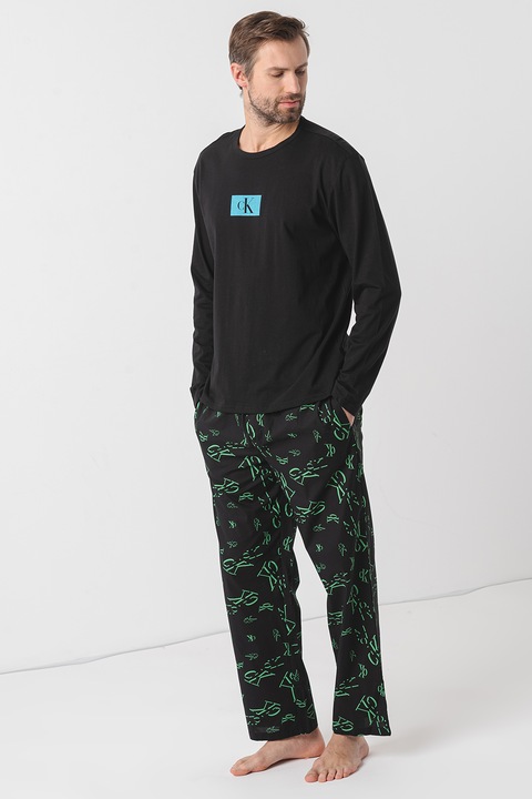CALVIN KLEIN, Pijama din bumbac organic cu model logo, Verde/Negru, L