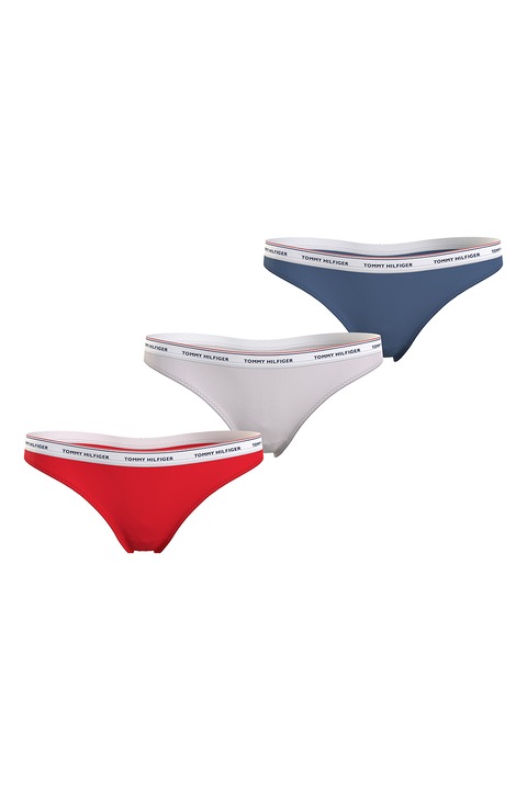 Tommy Hilfiger, Танга с лого на талията - 3 чифта, Червен/Бял/Син