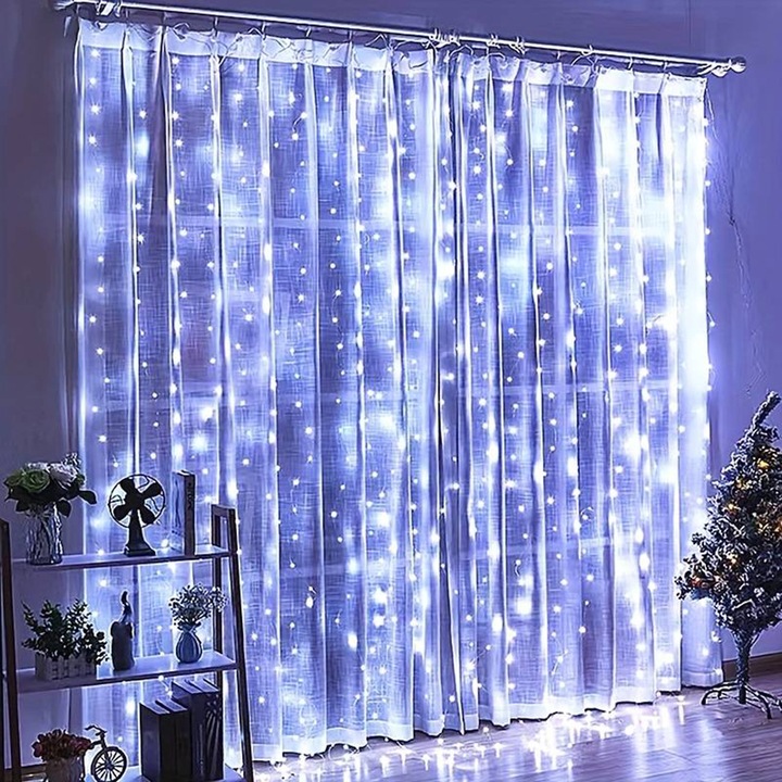 Instalatie De Craciun EDAR, Model Plasa USB, 8 Moduri, Perdea Alb Rece, Rezistenta La Apa, Luminozitate Reglabila, Control prin Telecomanda, 300 LED-uri, 3 m x 3 m