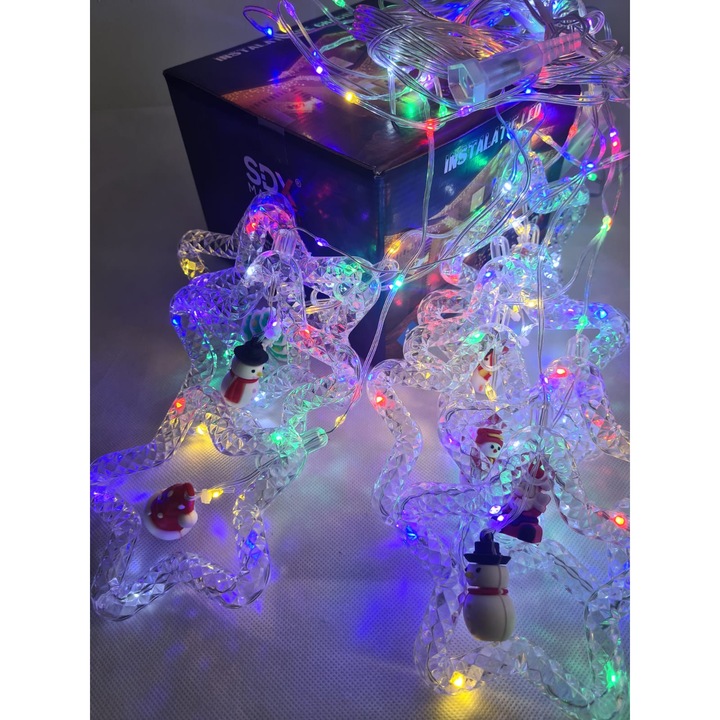 Instalatie luminoasa de Craciun tip franjuri cu 10 figurine tip stea, 3 m x 0.7 m, 130 leduri, Multicolor