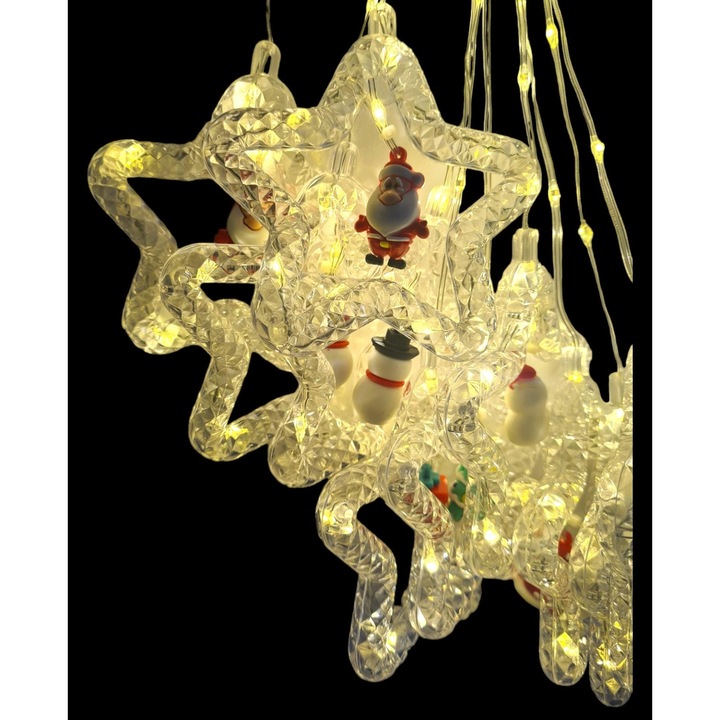 Instalatie luminoasa de Craciun tip franjuri cu 10 figurine tip stea, 3 m x 0.7 m, 130 leduri, Alb cald