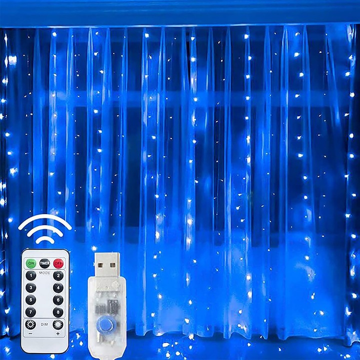 Коледни лампички GREATON, Тип LED светеща завеса, USB захранване, 8 светлинни игри, Водоустойчивост, Включено дистанционно управление, Дължина 3 м x 3 м, Син