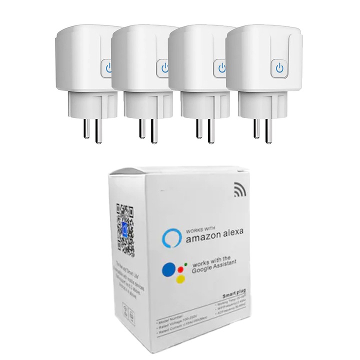 Комплект от 4 SmartPlug Wi-Fi контакта, Max 20A, мониторинг на консумацията на енергия, съвместими SmartLife, Tuya, Google, Alexa