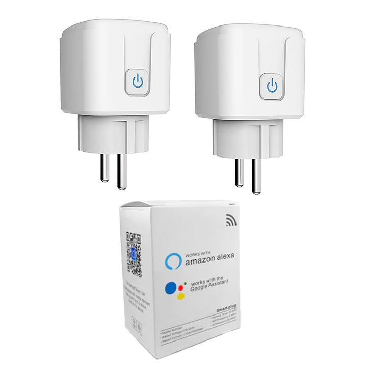 Комплект от 2 Wi-Fi контакта SmartPlug, Max 20A, мониторинг на консумацията на енергия, съвместими SmartLife, Tuya, Google, Alexa
