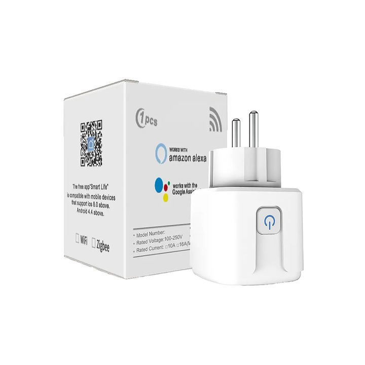 SmartPlug Wi-Fi контакт, Max 20A, мониторинг на консумацията на енергия, съвместим SmartLife, Tuya, Google, Alexa