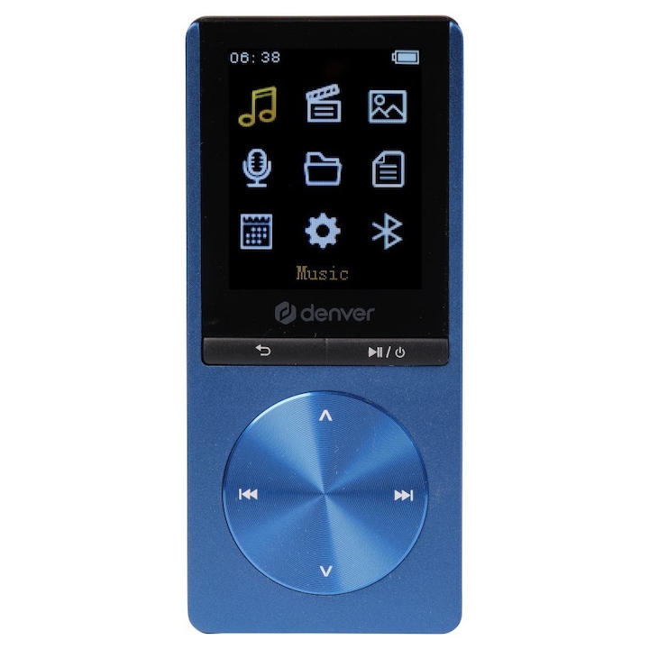 MP4 lejátszó DENVER MP-1820, Bluetooth, memória 4 GB, MicroSD foglalat 128 GB-ig, TFT LCD képernyő 1,77 hüvelyk, kék, 4x0,9x9 cm