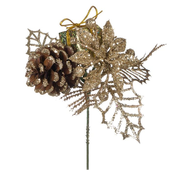 Karácsonyi Díszítő Ág, Bézs Pezsgő Virágok, Tobozok, Ajándék, Csillám, 20 cm, MYONNA IT & E- COMMERCE ®