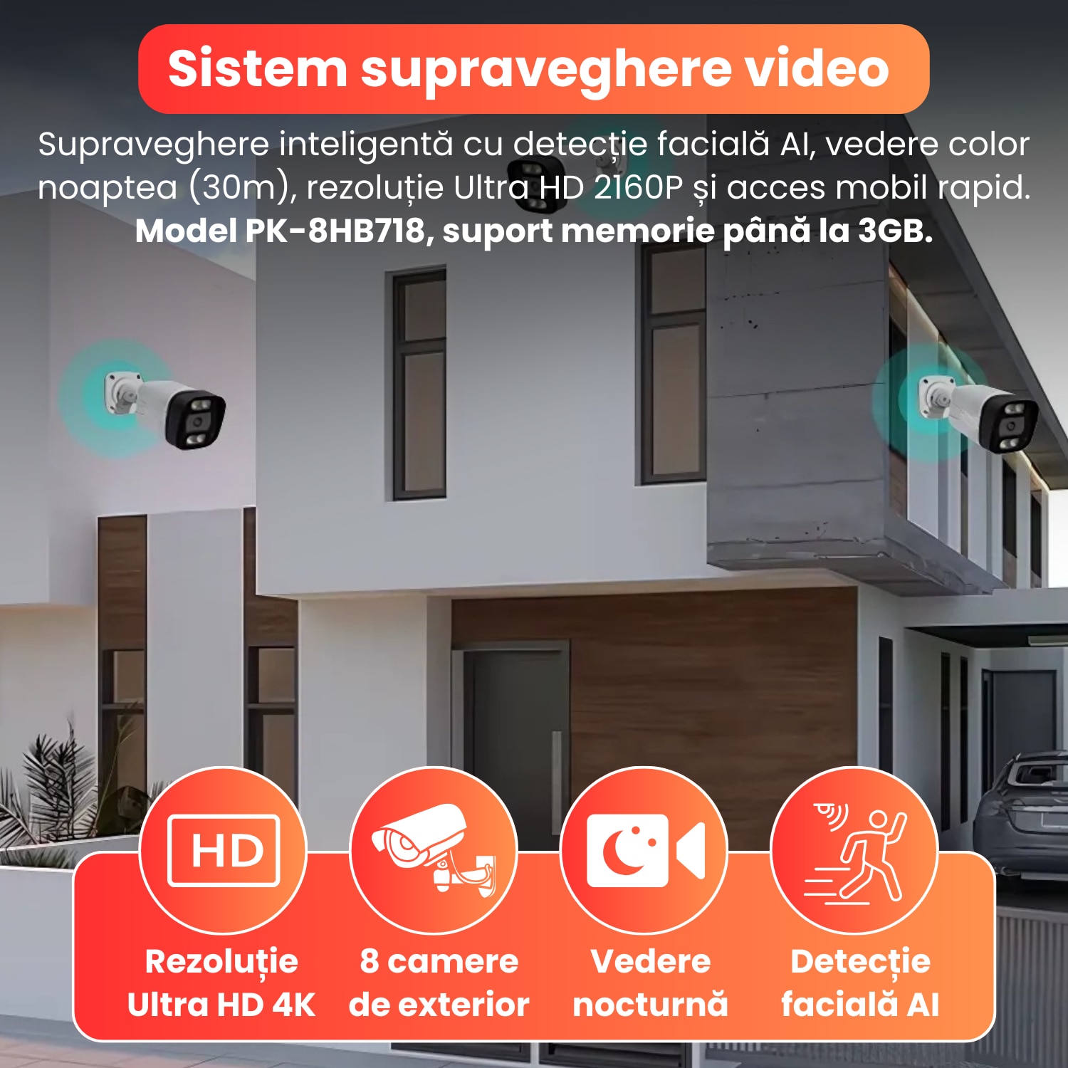 Kit complet supraveghere 4K cu DVR si 8 camere exterior PK-8HB718
